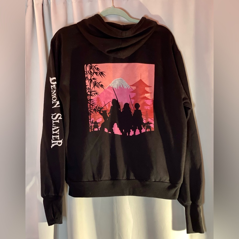 Demon Slayer Kimetsu no Yaiba Black Graphic Hoodie Mens Medium Mount Fuji Pink